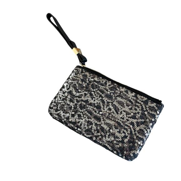 KATE SPADE Leroy Street Glitter Bee Black Leather Silver Sequins Wristlet NWOT - Picture 7 of 9